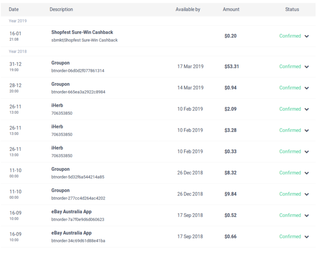 ShopBack cash back program transaction history.